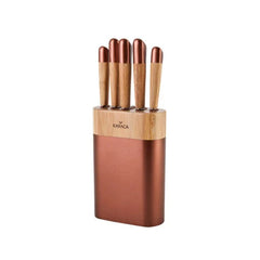 Karaca Maple Rose Gold 6Pcs Knife Set 20cm Bread Knife – 20cm Chef Knife – 20cm Slicing Knife – 13cm Chopping Knife – 9cm Paring Knife – 1 Knife Stand (15×22.5cm | 153.03.06.1454
