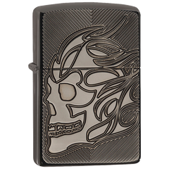 Zippo Armor Deep Carved Flaming Skull Windproof Lighter - Black Ice | 29230