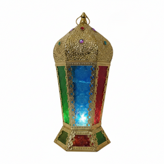Ramadan Ornate Metal LED Lantern with Multicolor Glass Panels | 7138-71