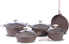 Falez Doa‑Cast Premium 9‑Piece Brownstone Cookware Set | HUR-A-15467
