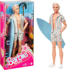 Barbie The Movie Ken Doll with Pastel Striped Beach Outfit & Surfboard | HPJ97