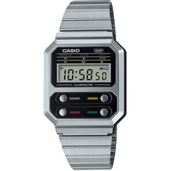 Casio Vintage Digital Unisex Watch Silver Case, Black Dial, Silver Stainless Steel Band | A100WE-1ADF