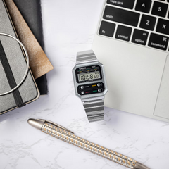 Casio Vintage Digital Unisex Watch Silver Case, Black Dial, Silver Stainless Steel Band | A100WE-1ADF