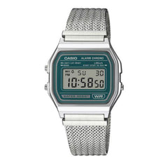 Casio Digital Unisex Watch Silver Case, Green Dial, Silver Stainless Steel Band | A158WEM-3DF