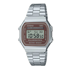 Casio Vintage Digital Unisex Watch - Silver Case, Brown Dial, Silver Stainless Steel Band | A168WA-5AYDF