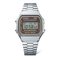 Casio Vintage Digital Unisex Watch - Silver Case, Brown Dial, Silver Stainless Steel Band | A168WA-5AYDF