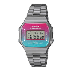 Casio Vintage Digital Unisex Watch Black Chrome Case, Pink & Blue Gradient Dial & Gray Stainless Steel Band | A168WERB-2ADF