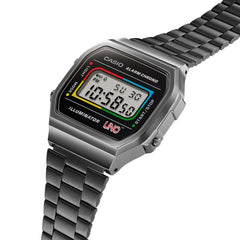 Casio Vintage Digital Unisex Watch Polished Gunmetal Gray Case, Black Dial with UNO Wildcard Design & Dark Gray Stainless Steel Band | A168WEUC-1ADR