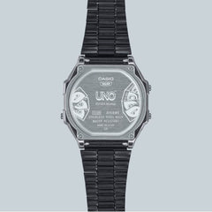 Casio Vintage Digital Unisex Watch Polished Gunmetal Gray Case, Black Dial with UNO Wildcard Design & Dark Gray Stainless Steel Band | A168WEUC-1ADR