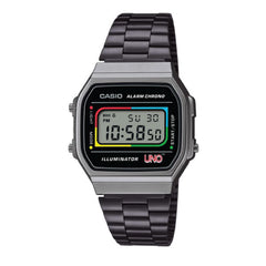 Casio Vintage Digital Unisex Watch Polished Gunmetal Gray Case, Black Dial with UNO Wildcard Design & Dark Gray Stainless Steel Band | A168WEUC-1ADR