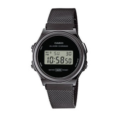 Casio Vintage Digital Unisex Watch Gunmetal Gray Case, Black Dial & Black Mesh Stainless Steel Band | A171WEMB-1ADF