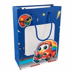 Blue Kids Gift Bag with Car Design and Clear Window - 17.5x25x8cm | C-1206-DB