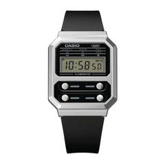 Casio Vintage Digital Unisex Watch Silver Case, Black Dial, Black Genuine Leather Band | A100WEL-1ADF