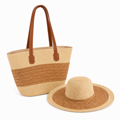 Beige and Brown Beach Bag and Hat Set | C-3130-BG