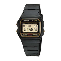Casio Digital Watch – Black Case, Black/Gold Dial & Resin Strap | F-91WG-9QDF