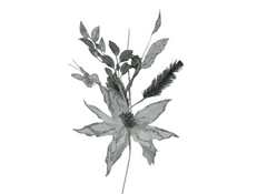 Silver Christmas Poinsettia, Glitter Leaves & Pine Decorative Stem | 10055