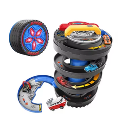 2-in-1 Tire Parking Track Playset with Spiral Race Tower & 2 Cars - Light-Up Wheel Carry Case | SK-571SA