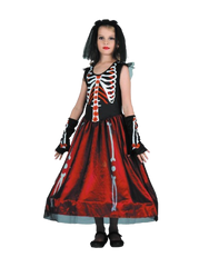 Skeleton Costume for Girl (Long Dress, Headband, Gloves) - Medium Size (120-130 cm) | 091226