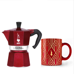 Bialetti Moka Express ماكينة تحضير القهوة 3 أكواب حمراء مع كوب مزخرف | BIA0009901