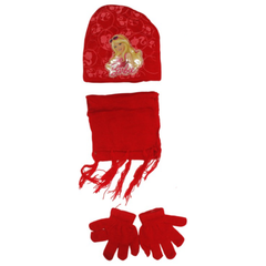 Kids’ Winter Hat, Scarf & Gloves Set with Barbie Print - Red | AL1887/R