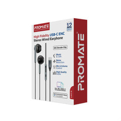 PROMATE High Fidelity USB-C ENC Stereo Wired Earphones - Black | Laxi-S