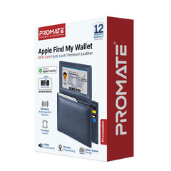 Promate Anti-Loss Slim Leather Wallet with RFID Protection & Smart Tracking - Blue | ProWallet