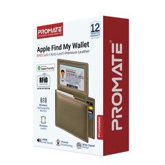 Promate Anti-Loss Slim Leather Wallet with RFID Protection & Smart Tracking - Brown | ProWallet