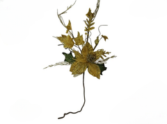 Gold Christmas Poinsettia, Glitter Leaves & Berry Decorative Stem | 10047