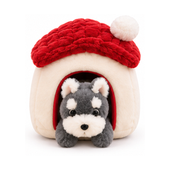 Plush Pet House with Gray & White Husky-Style Puppy - Beige & Red | Z1196