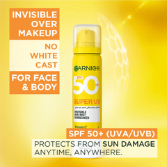 Garnier Super UV Invisible Air Mist Face & Body Sunscreen With SPF 50+ For All Skin Types - 75ml