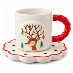 Christmas Ceramic Mug with Saucer - Reindeer / Stocking Design | ALSJ1709-1