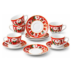 Christmas Santa Claus Ceramic Coffee Cup & Saucer Set - Red & White - 6 Cups | ALS10386