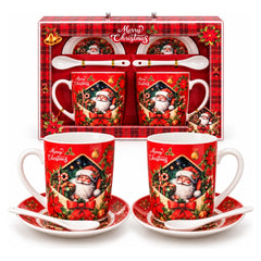 Christmas Santa Claus Ceramic Mug Set with Saucers & Spoons - Red & White - 6 Pieces | ALHK-2576B