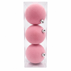 Christmas Flocked Ball Ornaments Set of 3 10cm - Light Pink | AR3/10003(FL)-LP26