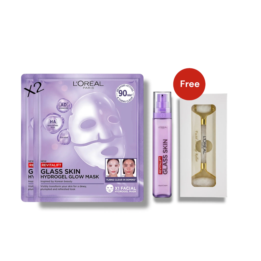 L'Oréal Paris Revitalift Glass Skin Hydrogel Glow Mask x2 - Liquid Cream + Free Face Roller