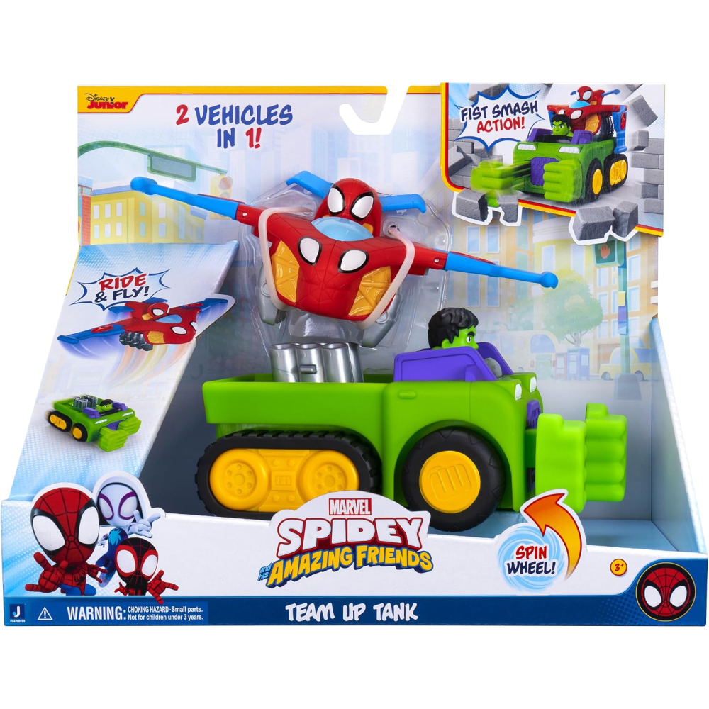 Marvel Feature Vehicle Team Up Tank Combining 6" Hulk Smash Tank and 4" Spidey Glider Jet | SNF0323