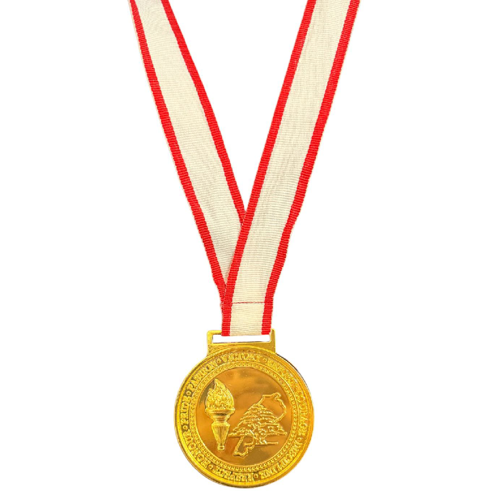 Gold Victory Medal with Red & White Ribbon