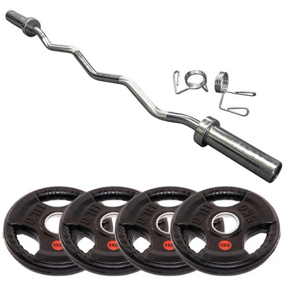 Home Workout Medium Olympic Rubber EZ Curl Barbell Set - 30 KG
