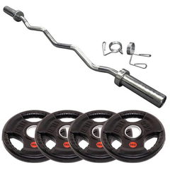 Home Workout Medium Olympic Rubber EZ Curl Barbell Set - 30 KG