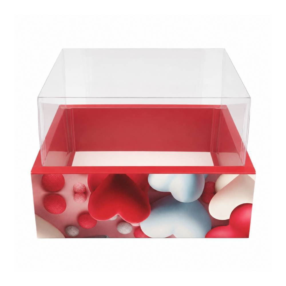 Red Hearts Square Gift Box with Clear Transparent Lid - 30x30x16cm | D51-ED