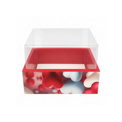 Red Hearts Square Gift Box with Clear Transparent Lid - 20x20x14cm | D49-RD