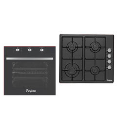 Perfetto 60cm Built-In Hob & Gas Oven Bundle Black with 4 Burners, Turbo Fan & Timer | PERTOP60BL+PEROV60BL