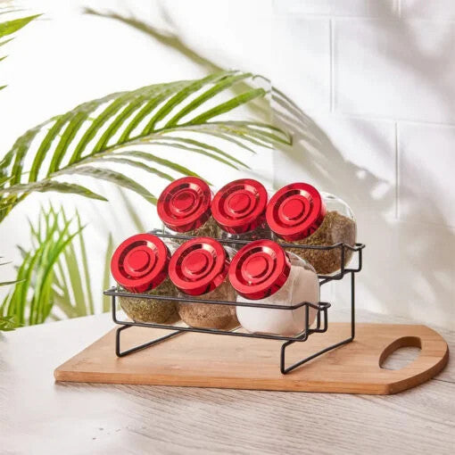 Karaca Sunrise 6Pcs Glass Spice Rack Set And Stand 200ML – Red |  153.03.06.2476