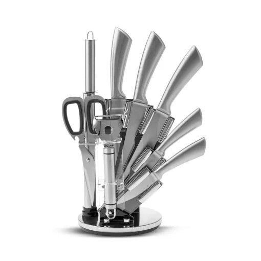 Karaca Meister Palm 9Pcs Steel Knife Set 20cm Chef’s Knife – 20cm Slicing Blade – 20cm Bread Knife – 13cm Chopping Blade – 9cm Paring Knife – Kitchen Scissors – Will Rob – Grinder – Stand Size 15.5cm |  153.03.08.2492