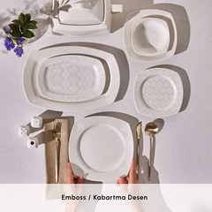 Karaca Square Bone Deren - 60-Piece Embossed Porcelain Dinner Set - 12 People - White | 153.03.08.2652