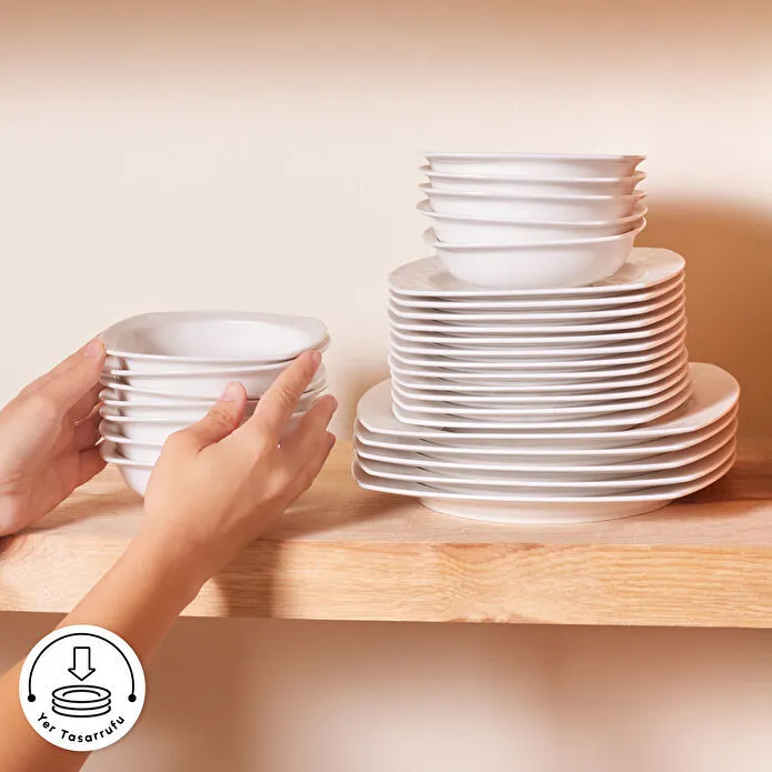 Karaca Square Bone Deren - 60-Piece Embossed Porcelain Dinner Set - 12 People - White | 153.03.08.2652