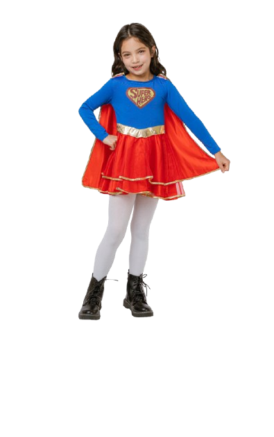 Superhero Girl Costume (Blue & Red Long-Sleeved Dress with Gold Belt) - Large Size | 091932