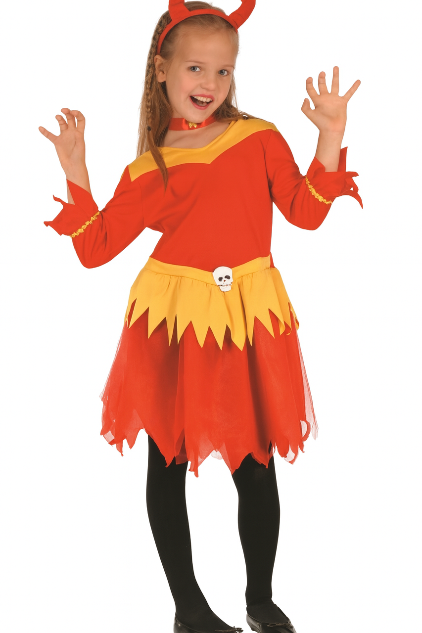 Red-Yellow Devil Costume (Dress, Headpiece) - Large Size (130–140 cm) | 98811