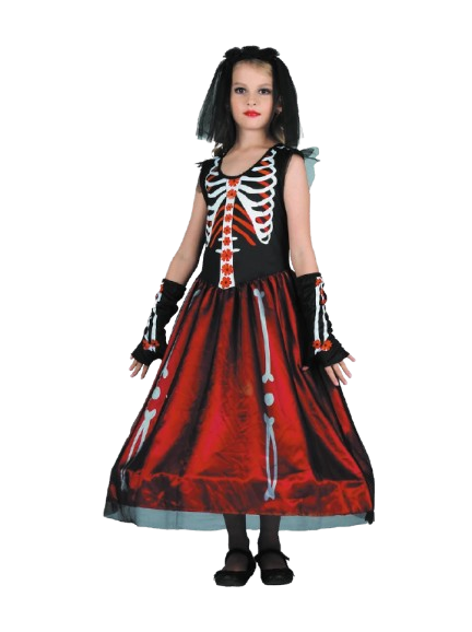 Skeleton Costume for Girl (Long Dress, Headband, Gloves) - Large Size (130-140 cm) | 091226