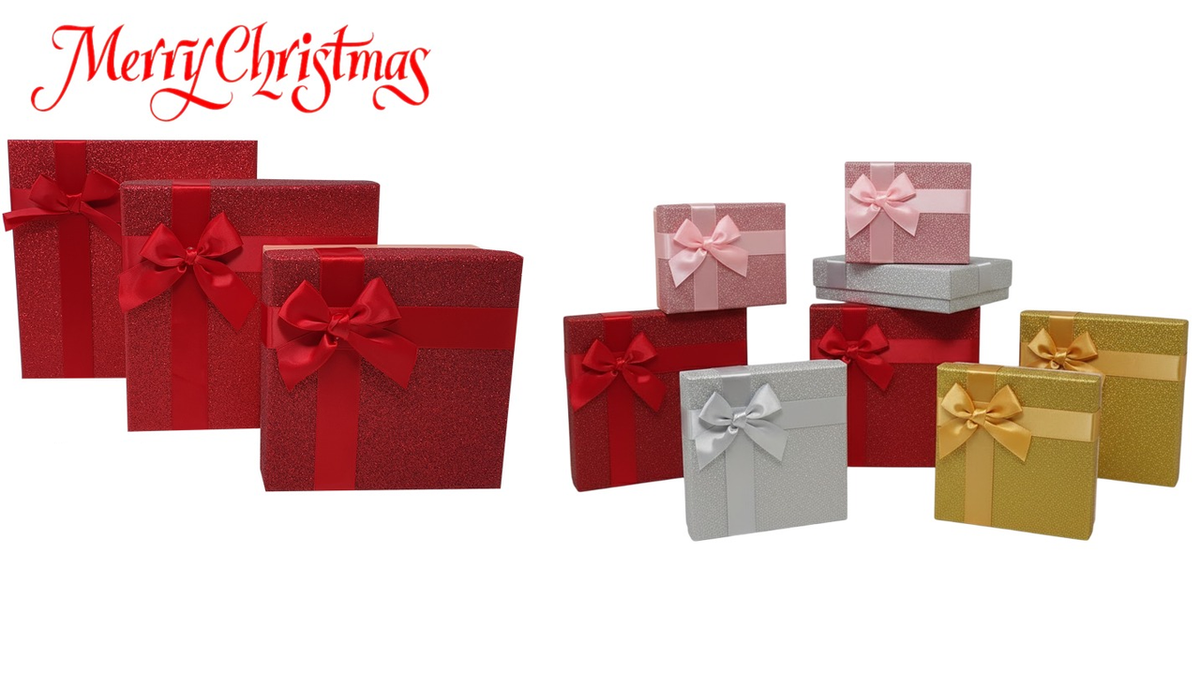 Gold Glitter Gift Box Set - 3-Piece Rectangular Boxes with Ribbon | AL3232-6